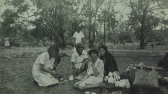 A history image of Aboriginal women peeling potatoes