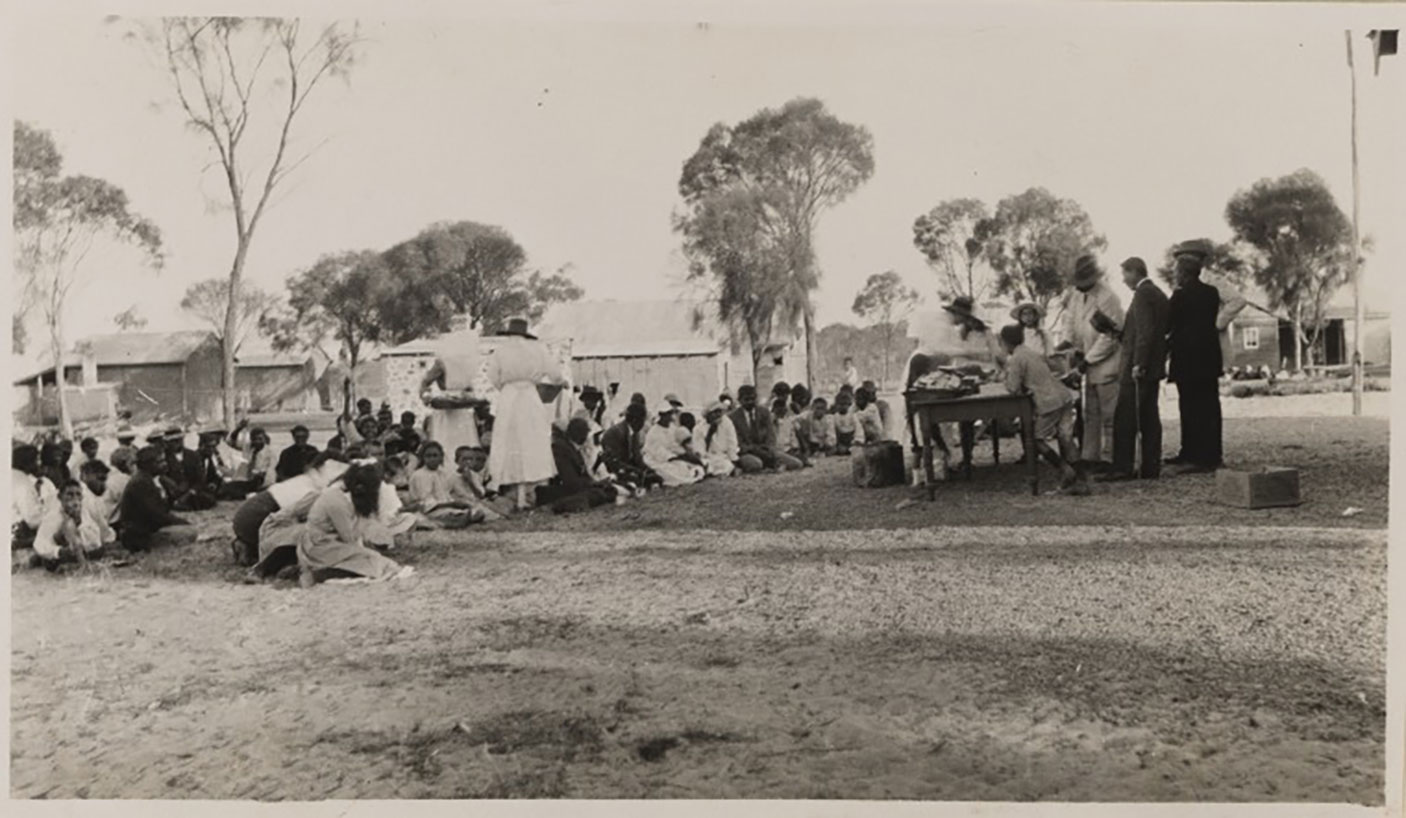 Historical photo, Circa 1916 showing Aboriginal people gathering at the Carrolup Settlement for food distribution