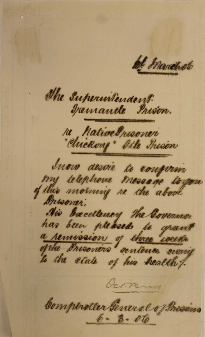 Gaols Department correspondence showing Chickong's Remission of sentence, 1905
