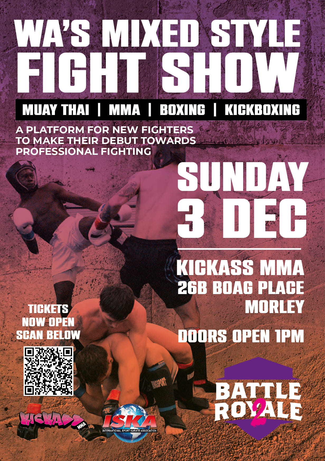 Poster advertising Fight Show Muay Thai, MMA, Boxing, kickboxing, with images of athletes