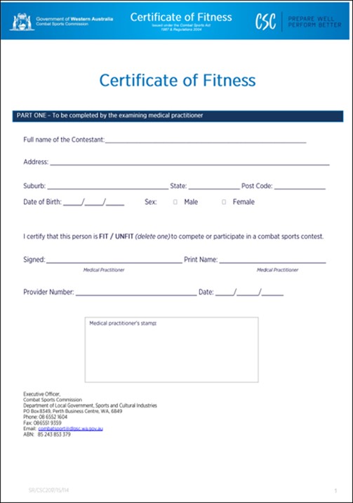 Certificate of Fitness form page 1