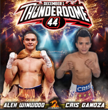 Poster promoting the event Thunderdome 44 with images of Alek Winwood and Cris Gandza