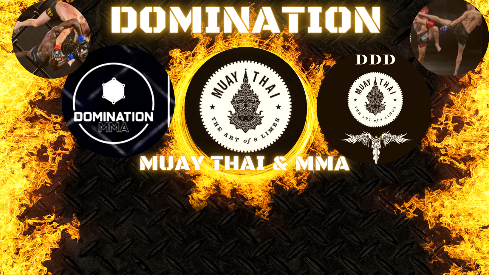 Poster advertising Domination Muay Thai and MMA , with images of sports people.
