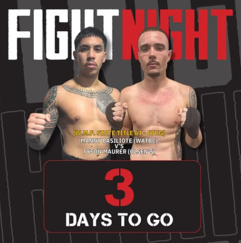 Poster with two fighters and text:  Fight Night. 3 days to go. Silitote vs Maurer.
