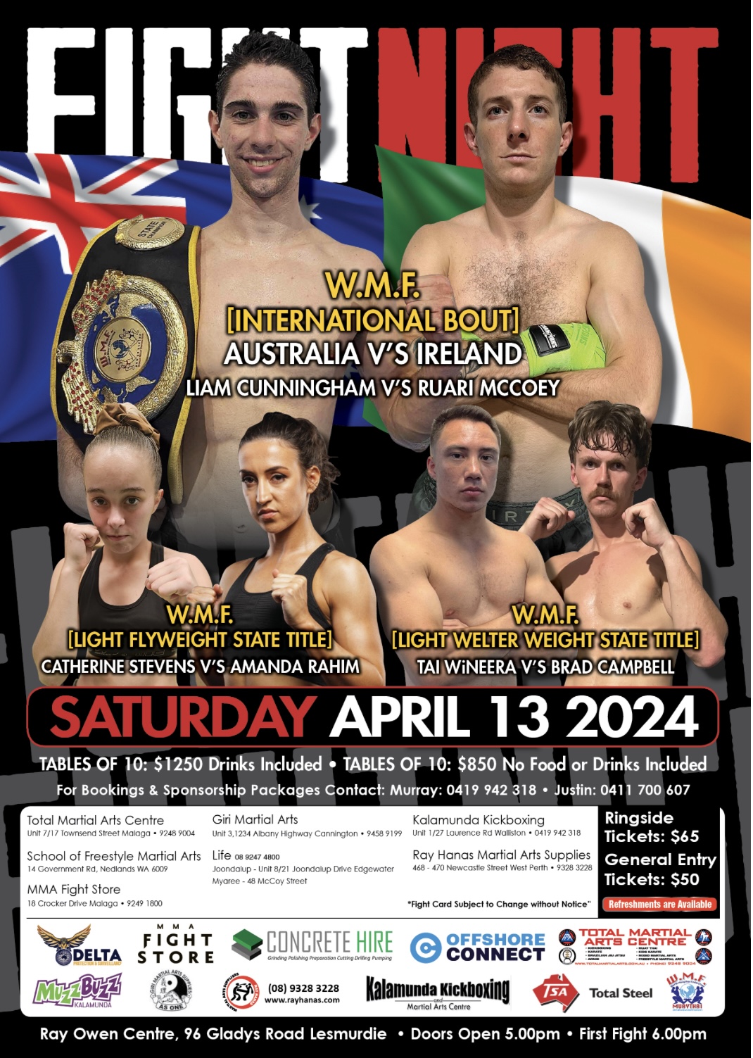 Poster with 6 WMF fighters/athletes. Text reads WMF International Bout, Australia V Ireland Saturday 13 April 2024