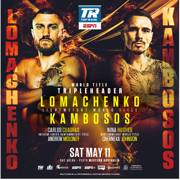Image of Lomachenko and Kambosos with text: World title triple header - Saturday 11 May. RAC arena