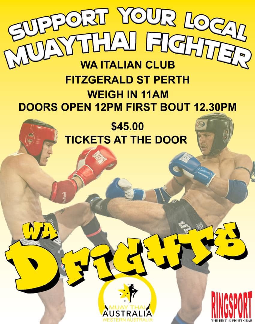 Two athletes in action at a Muaythai match. Text reads Support your local Muaythai Fighter