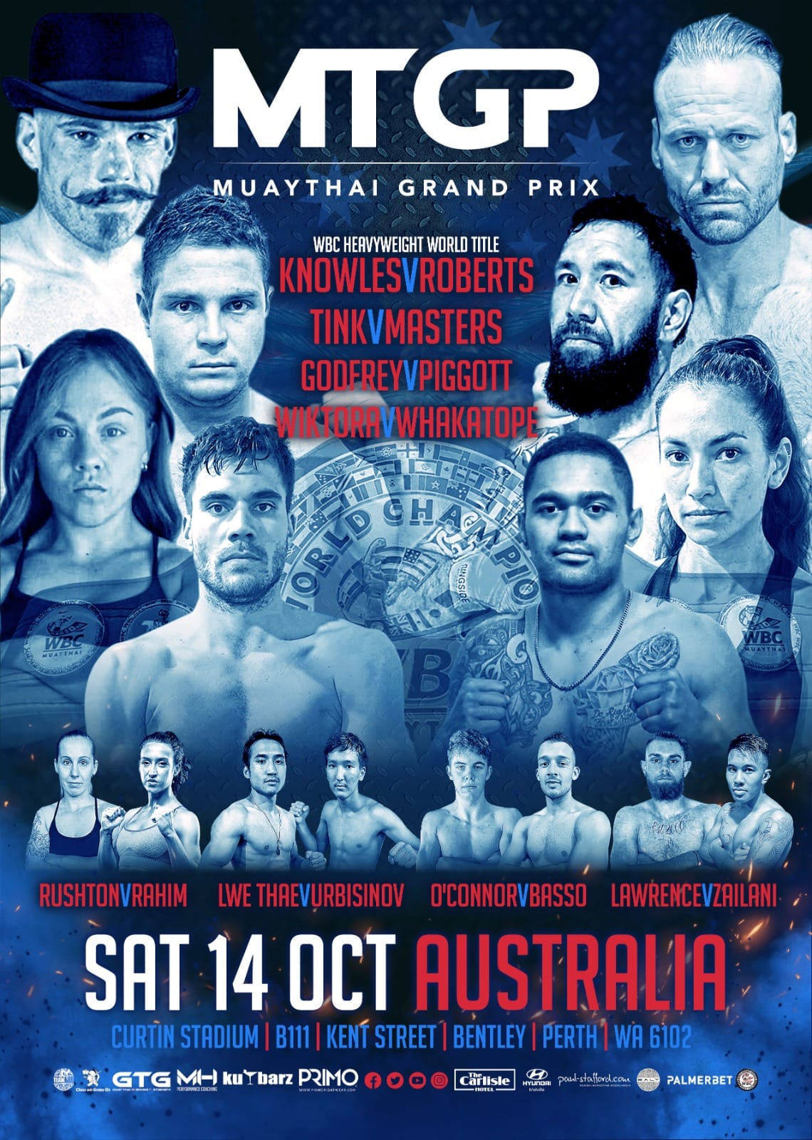 Poster with images of male and female Muaythai fighters with text: Muay Thai Grand Prix Saturday 14 October. Curtin Stadium, Bentley