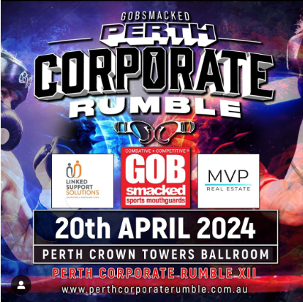 graphic reads: Gobsmaked Perth Corporate Rumble. 20 April 2024. Perth Crown Towers Ballroom