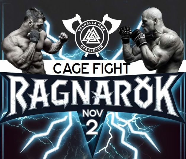 The fighters wearing boxing gloves face each other with fists up. Text reads Cage fight Ragnarok. Nov 2.