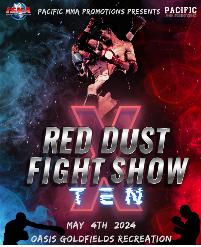 A fighter wearing boxing gloves and the text: Red dust Fight Show. May 4 2024. Goldfields