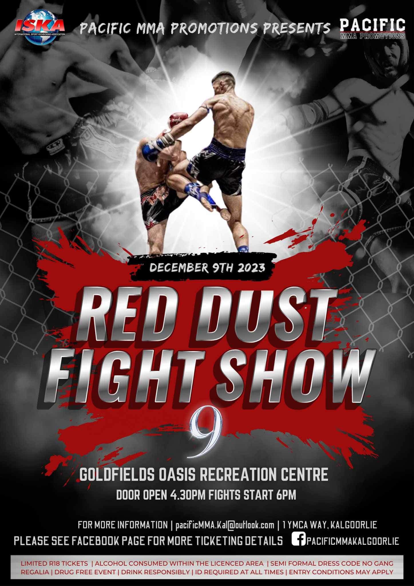 Poster promoting 'Red Dust Fight Show 9'. Goldfields Recreation Centre on 9 December 2023