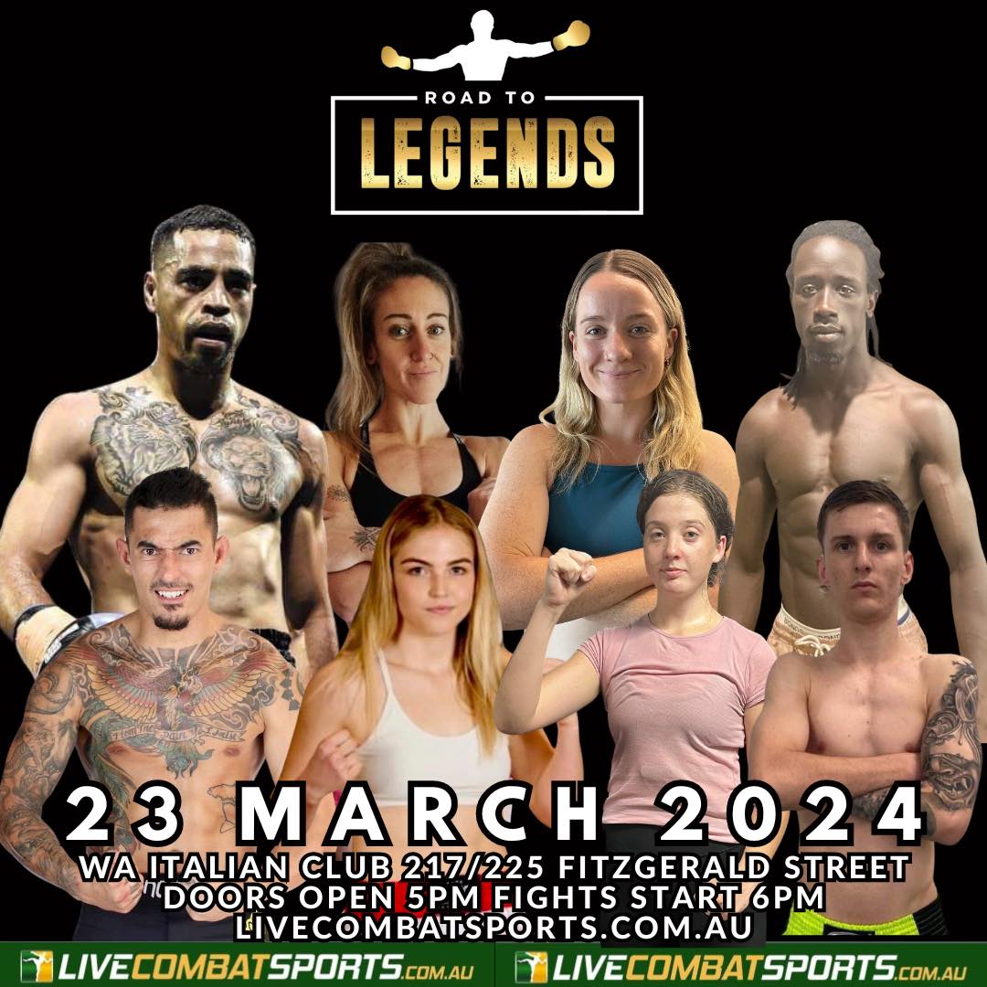 8 male and female combat sports athletes with the text: Road to Legends, 23 March 2024