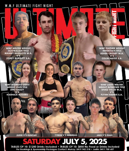 Poster for Ultimate Fight Night. Image of 14 male and female fighters with date - 5 July 2025