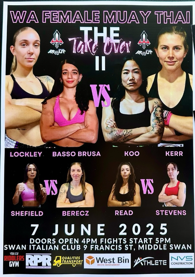 Poster for WA Female Mauy Thai event on 7 June 2025, with images of 8 female Muay Thai athletes.