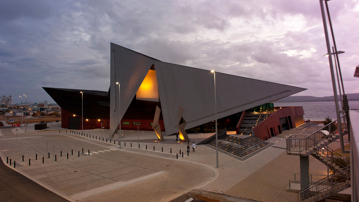 Drone view of the Albany Entertainment Centre at dusk