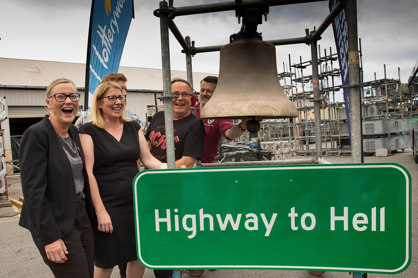 Highway to Hell: Minister David Templeman and Minister Rita Saffioti with Bicton MLA Lisa O'Malley ringing the bell