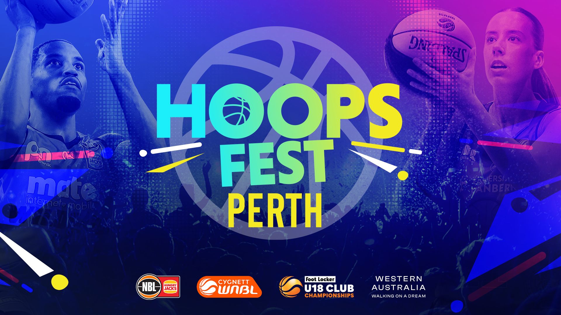 2 basketball players shooting goals with text:  Hoops Fest Perth