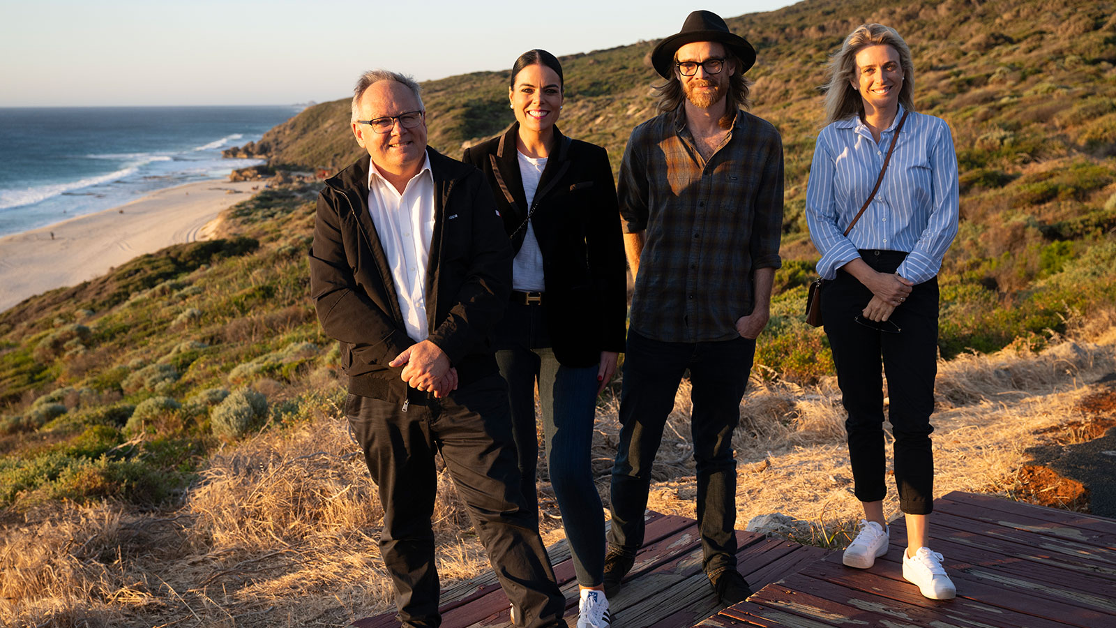 Photograph: Image is Minister Templeman, Carolyn Turnbull from Tourism WA, Producer James Grandison from Arenamedia, Rikki Lea Bestall, Screenwest CEO on the set of The Surfer