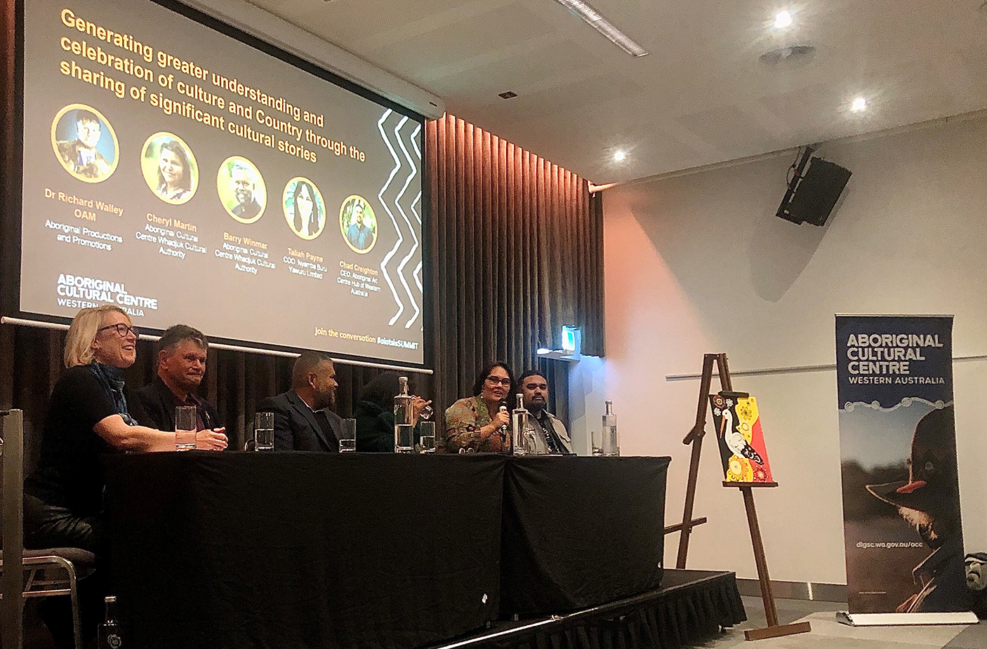 Photo: Aboriginal Cultural Centre panel discussion (from left to right) Executive Director, Specialist Aboriginal Projects and Engagement Kate Alderton; Dr Richard Walley OAM; Barry Winmar, Cheryl Martin, Taliah Payne and Chad Creighton. 