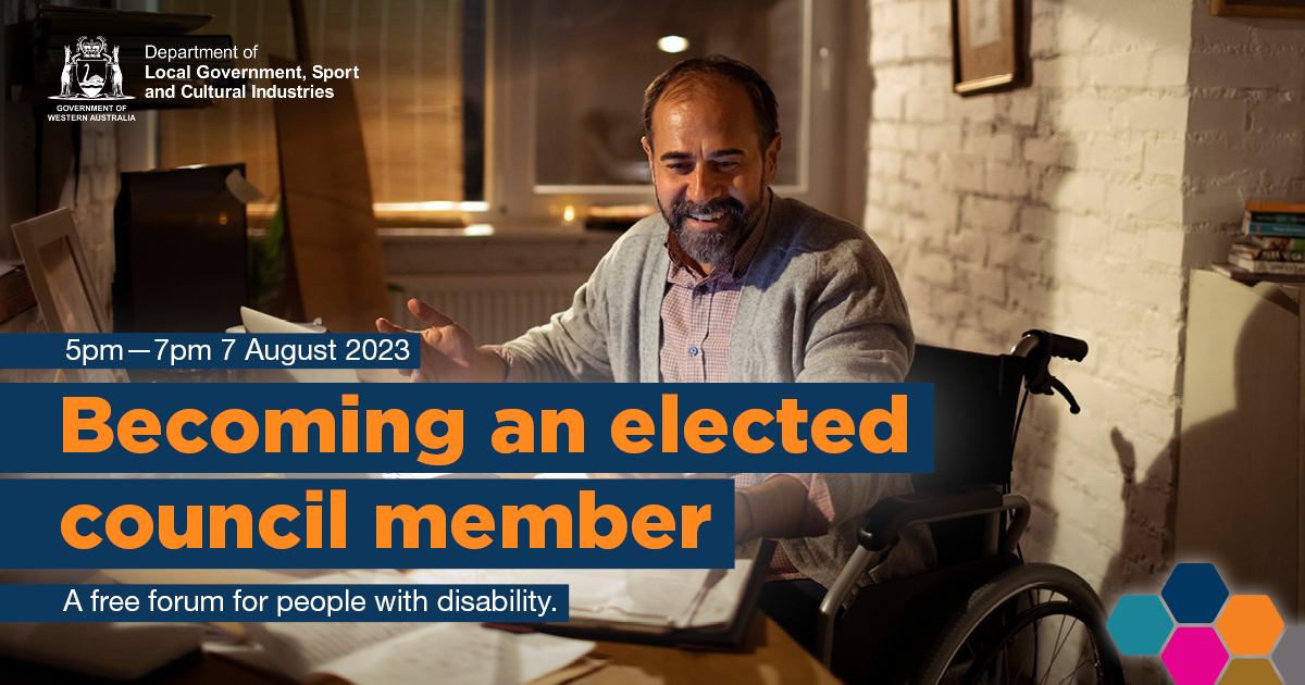 Becoming an elected council member with an image of a man smiling in a wheelchair at a desk.