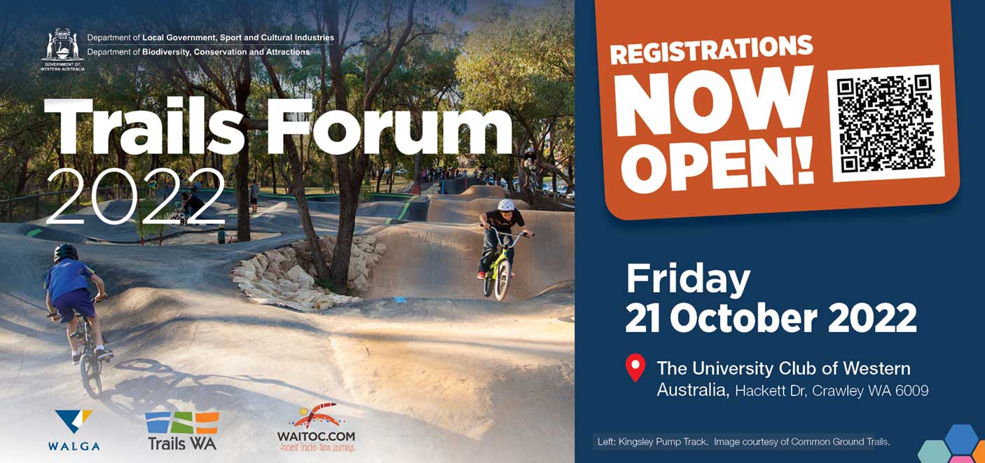 Trails Forum 2022 save the date with an image of mountain bike riders on a track in the bush