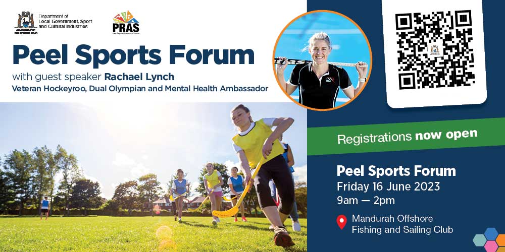 Promotional graphic for the Peel Sports Forum showing an image of hockey players and a profile of veteran Hockeyroo and dual Olympian Rachael Lynch