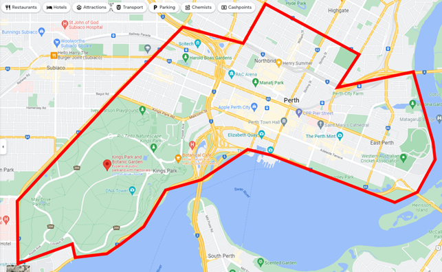 Map showing boundary of the Perth CBD