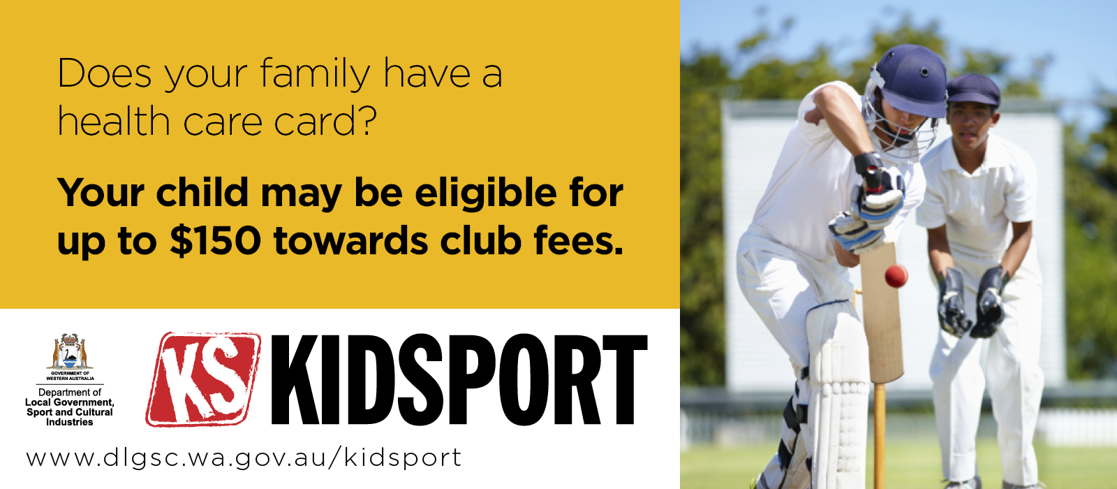 KidSport image Does your family have a health care card banner