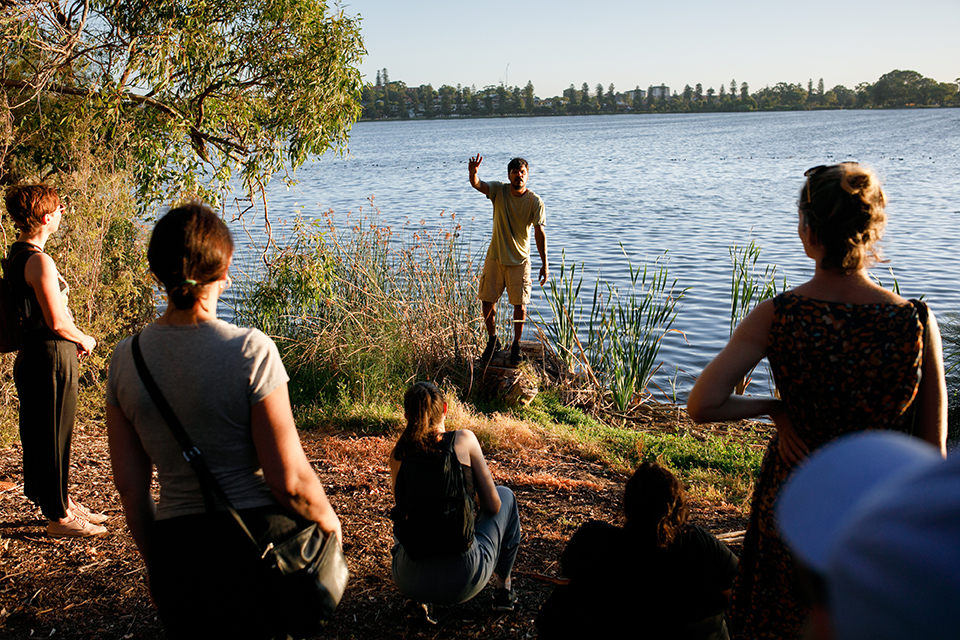 Ian Wilkes with audience members in ‘Galup’ at Perth Festival, 2021. Photo by Dan Grant.