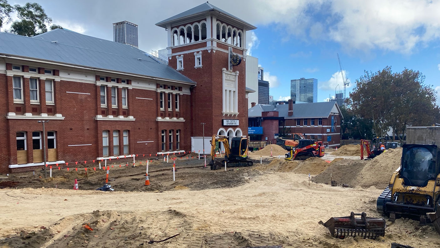A construction photo of works in the Perth Cultural Centre, with PICA in the background.