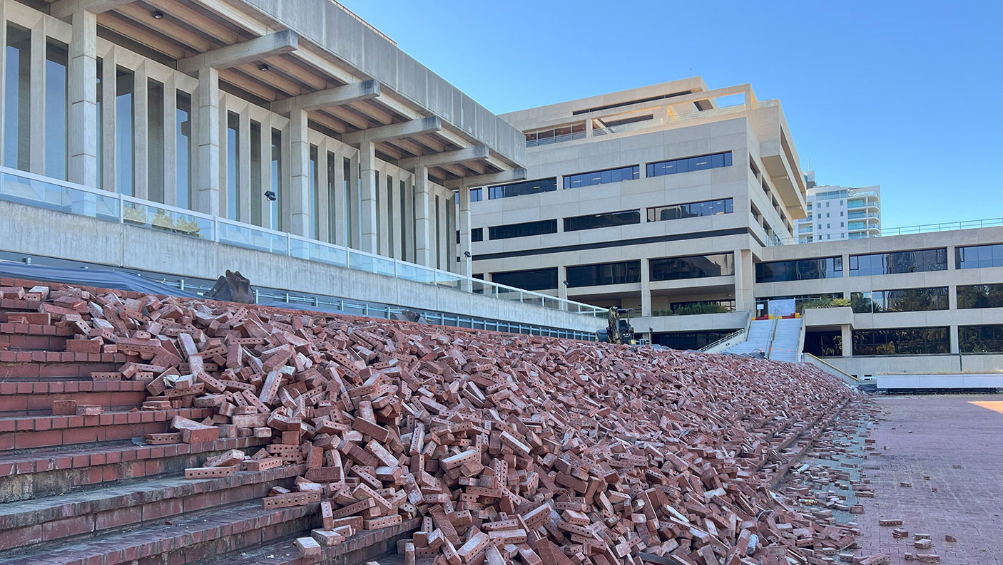 Forecourt of the Perth Concert Hall with a pile of red clay bricks