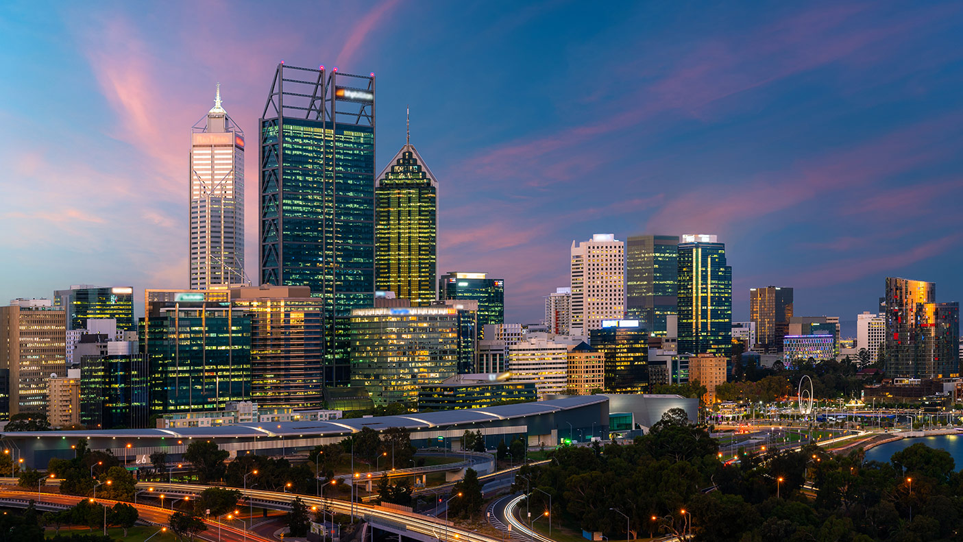 Downtown Perth city skyline at twilight in Western Australia, Australia. - stock photo