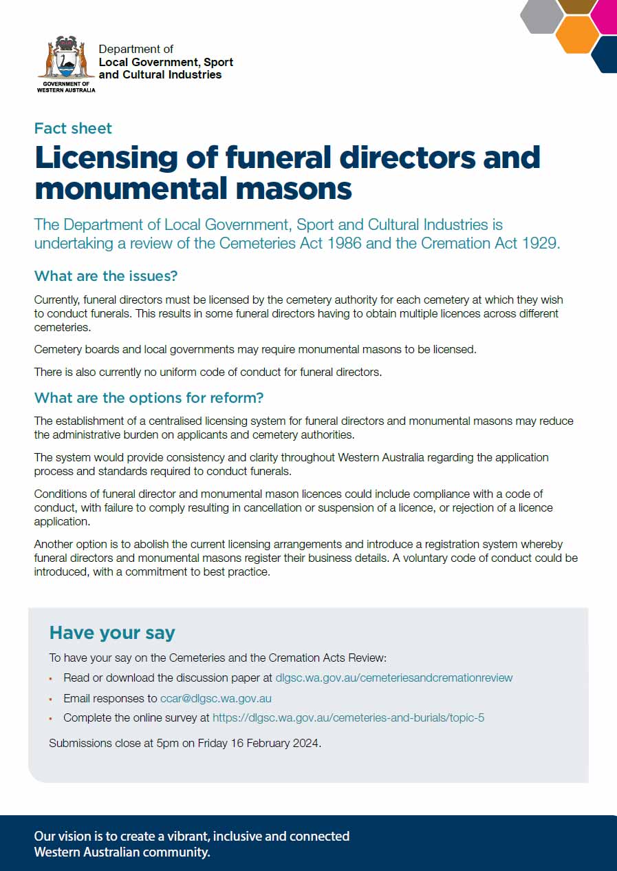 Licensing of funeral directors and monumental masons fact sheet