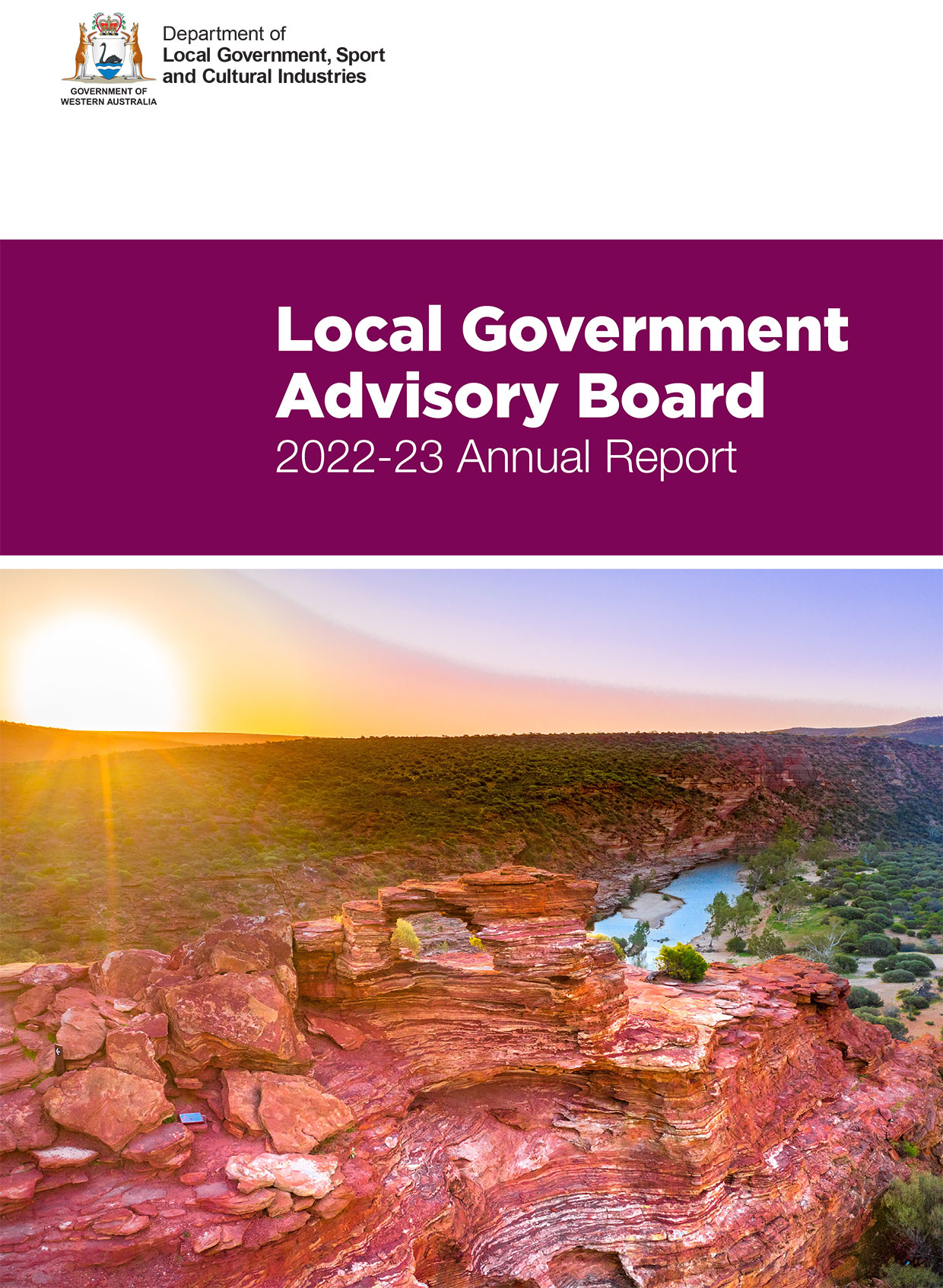 Report cover with image of hills and a gorge with water. Title reads: Local Government Advisory Board 2022-23 Annual Report