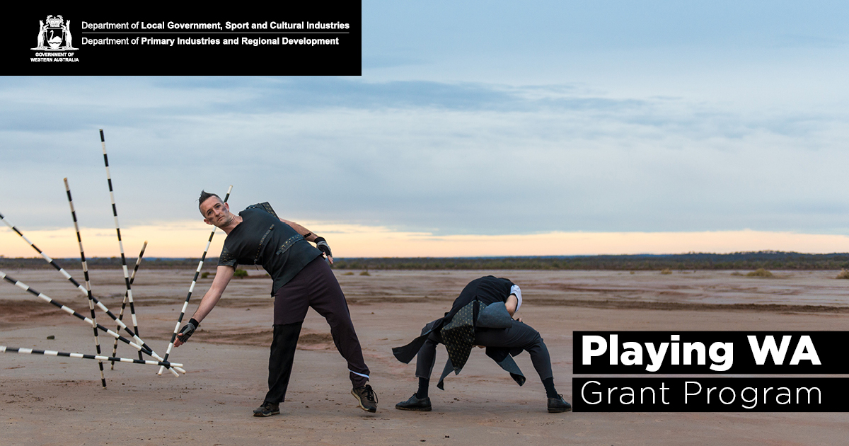 Two performers in a remote location. Text reads, Playing WA Grant Program.