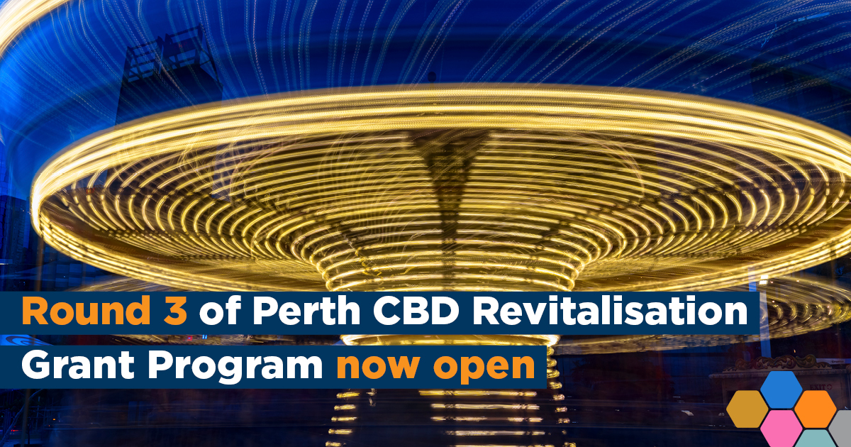 Round 3 of Perth CBD Revitalisation Grant Program now open. Image of a carousel on a slow shutter speed creating light trails.
