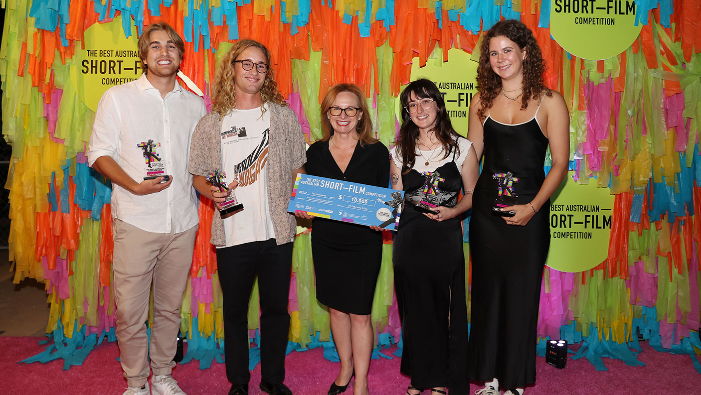 DLGSC Director General Lanie Chopping (centre) presents the prize for the West Australian Short Film Category — won by won by Kyle Thistlethwaite, Nicholas Verryn, Nadine Barry and Taylor Finch for ‘Verge Collection’