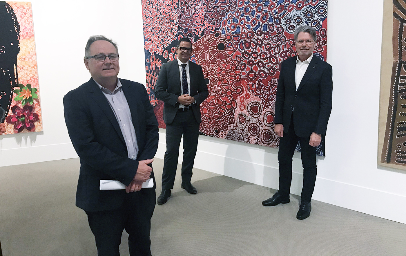 Culture and Arts Minister David Templeman, Aboriginal Affairs Minister Ben Wyatt and AGWA Foundation Chair, Warwick Hemsley in the Art Gallery of Western Australia.