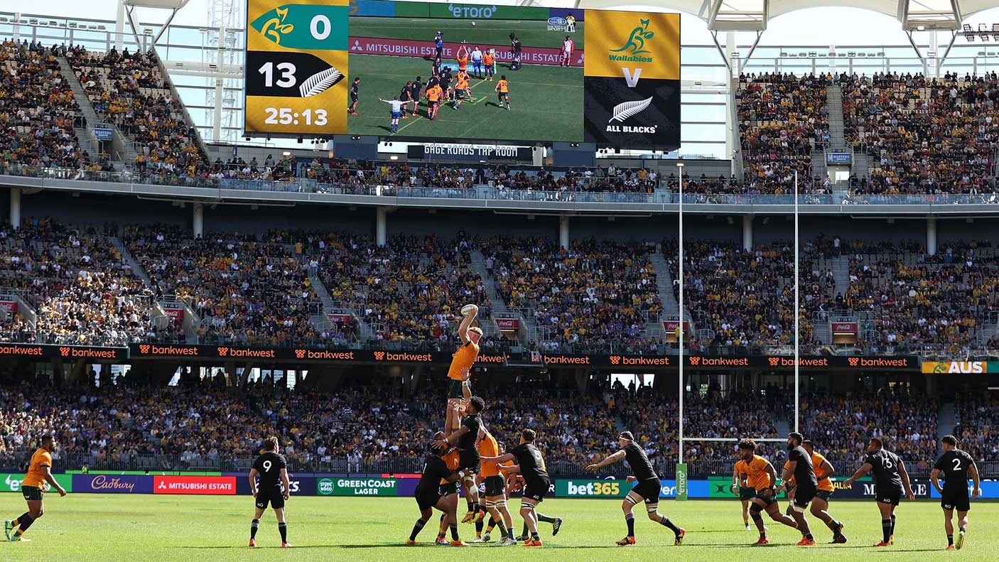 Matt Philip of the Wallabies wins a line-out during the Bledisloe Cup match between the Australian Wallabies and the New Zealand All Blacks.