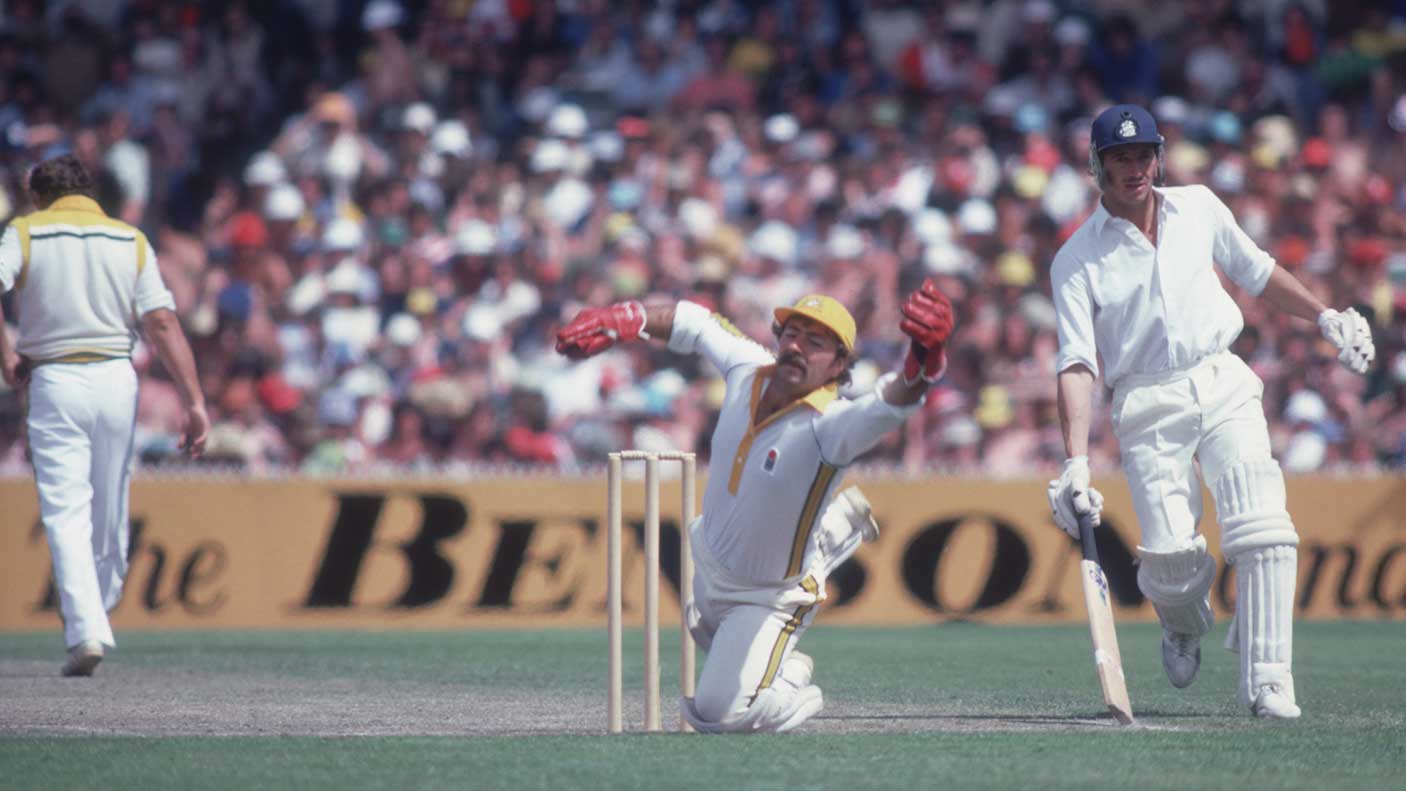 Australian wicketkeeper Rod Marsh with Derek Randall (right) of England during a one-day international in Melbourne, January 1980.
