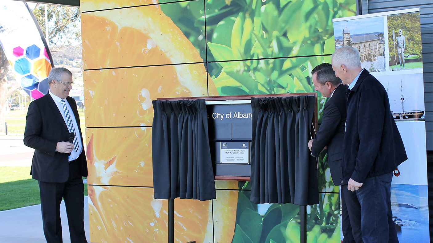 Premier Mark McGowan, Speaker Peter Watson MLA Member for Albany and Mayor City of Albany Dennis Wellington opening the Centennial Park Sporting Precinct in Albany