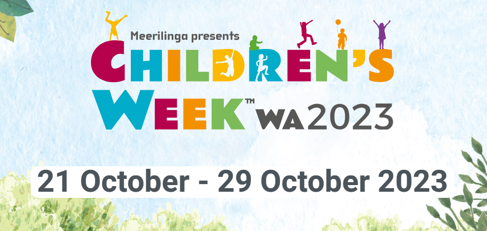 Children's Week WA 2023 branding promotional tile in colourful letters