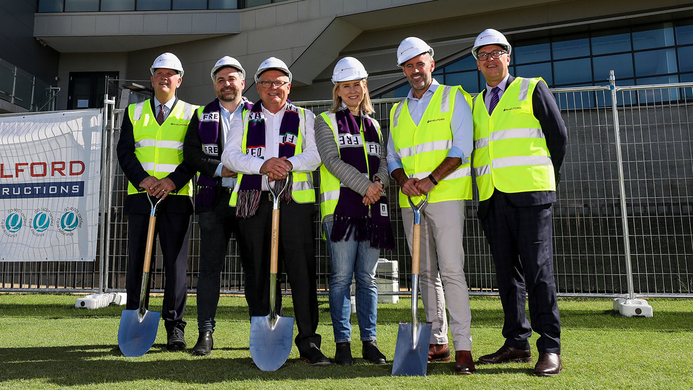 6 government officials at the turning of the sod for the City of Cockburn ARC and Fremantle Football Club Community Expansion Project