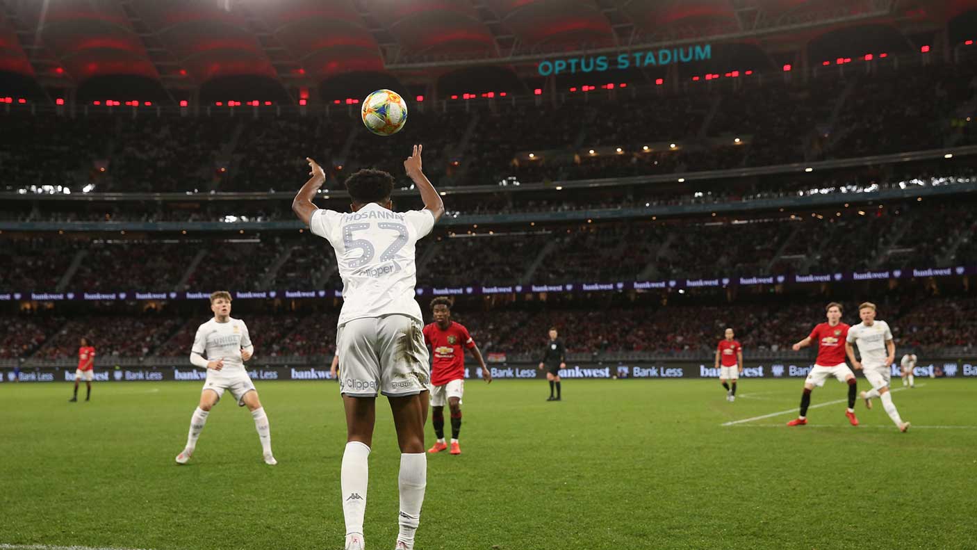 Bryce Hosannah of Leeds throws the ball in during a pre-season friendly match between Manchester United and Leeds United at Optus Stadium on July 17, 2019 in Perth, Australia.