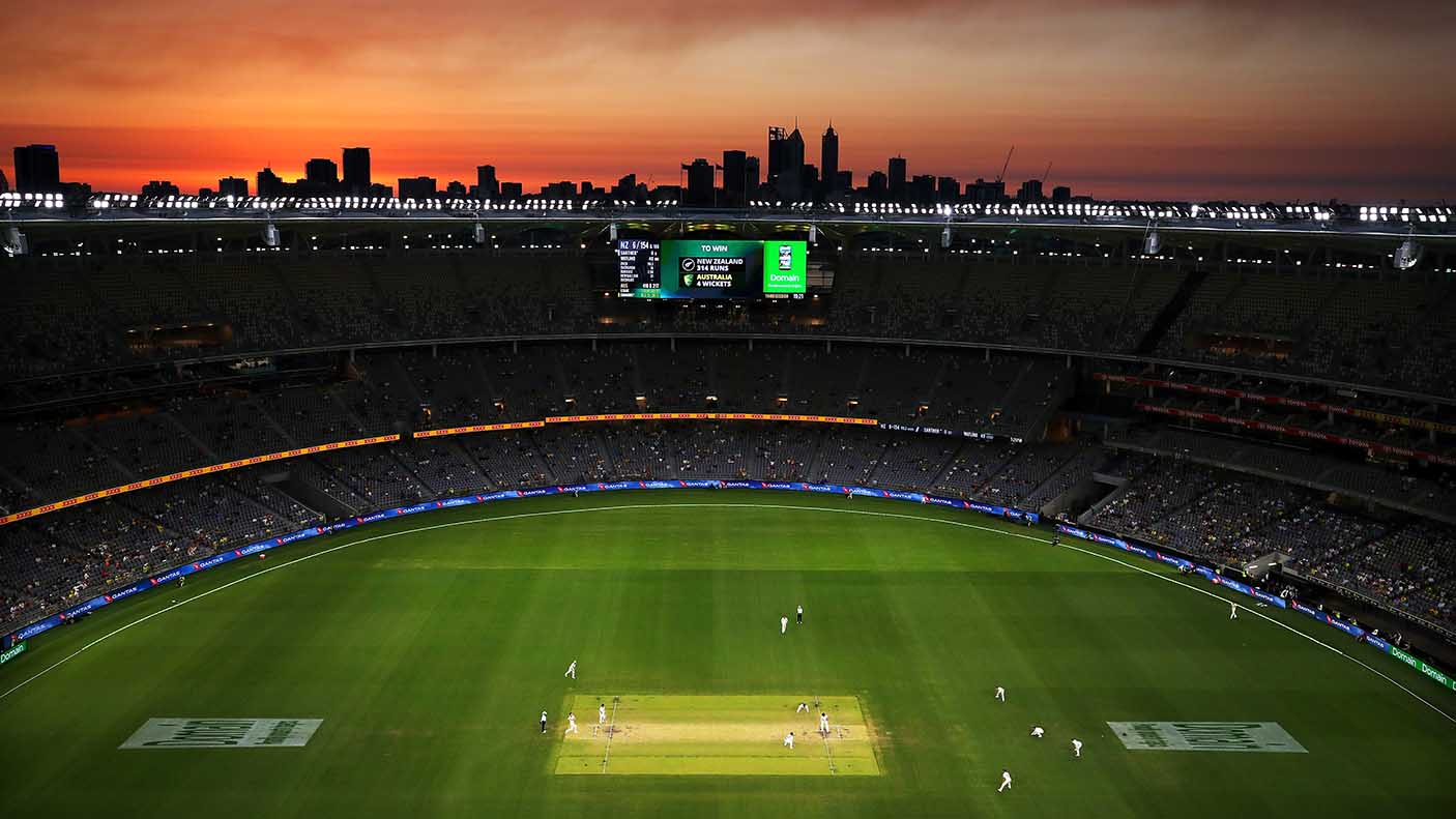 A general view at sunset during day four of the First Test match in the series between Australia and New Zealand at Optus Stadium on December 15, 2019 in Perth, Australia.