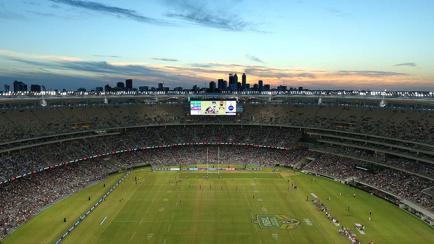 A general view of play during the round one NRL match at Optus Stadium.