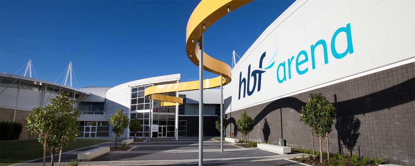 Outside the entrance of HBF Arena Joondalup