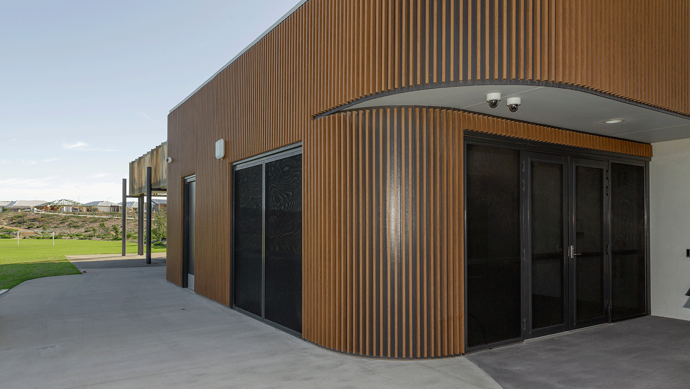 Timber clad outside wall of Heath Park Pavilion