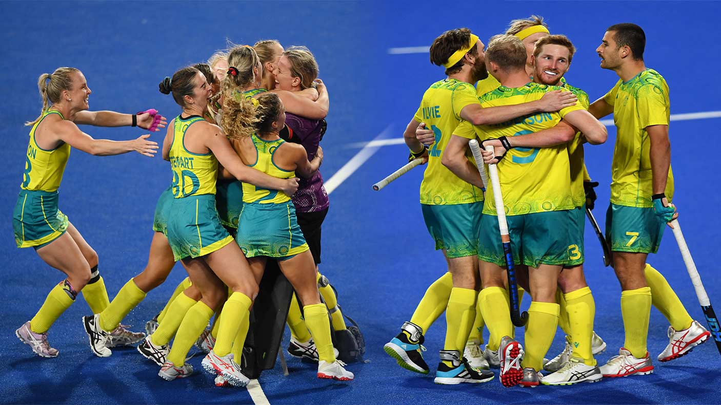 Hockeyroos and Kookaburras celebrate a win at the Birmingham 2022 Commonwealth Games.